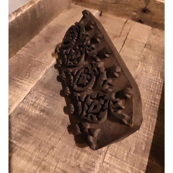 Antique Hand-Carved Sycamore Wood Printing Block Floral Design Folk Art Decor - Picture 3 of 7